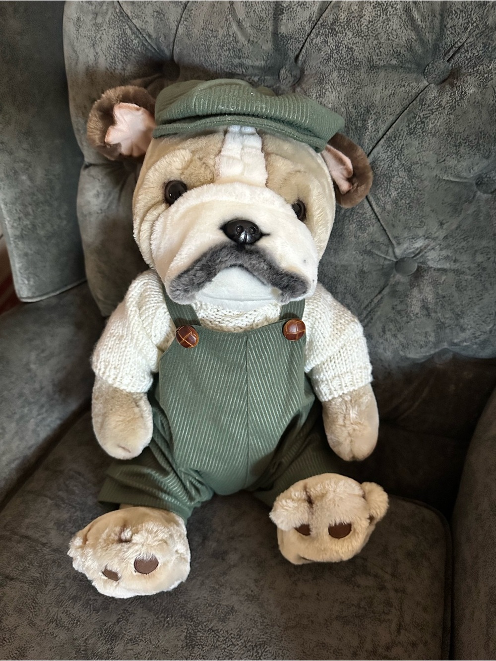 Plush Bulldog Dog Toy in Olive Green Outfit